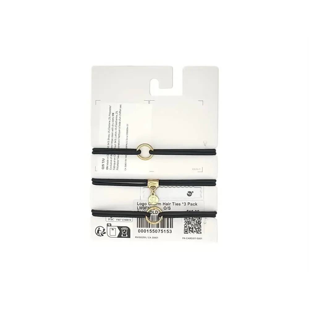 LULULEMON Logo Charm Hair Ties 3 Pack in Black & Gold